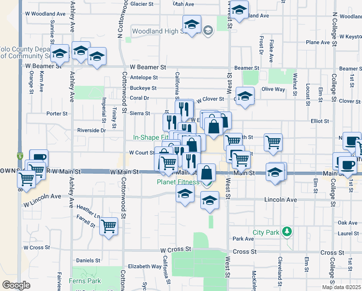 map of restaurants, bars, coffee shops, grocery stores, and more near 91 West Court Street in Woodland