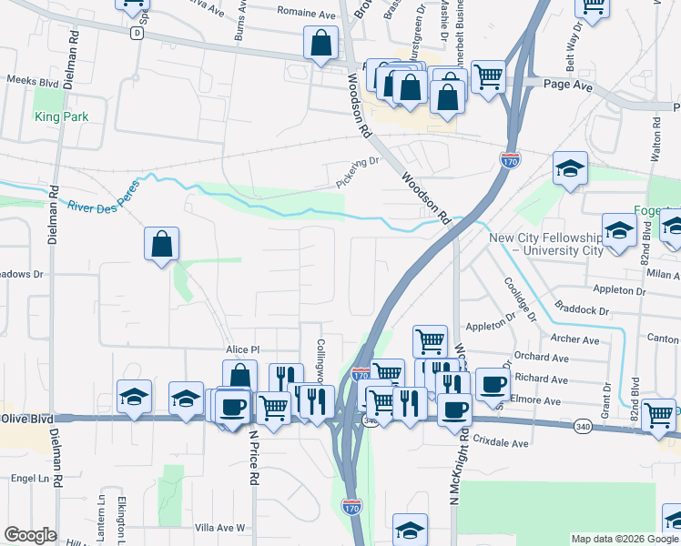 map of restaurants, bars, coffee shops, grocery stores, and more near 1215 Arrowhead Drive in Olivette