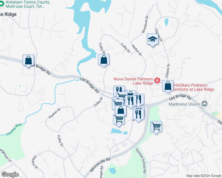map of restaurants, bars, coffee shops, grocery stores, and more near 2324 Marline Court in Lake Ridge