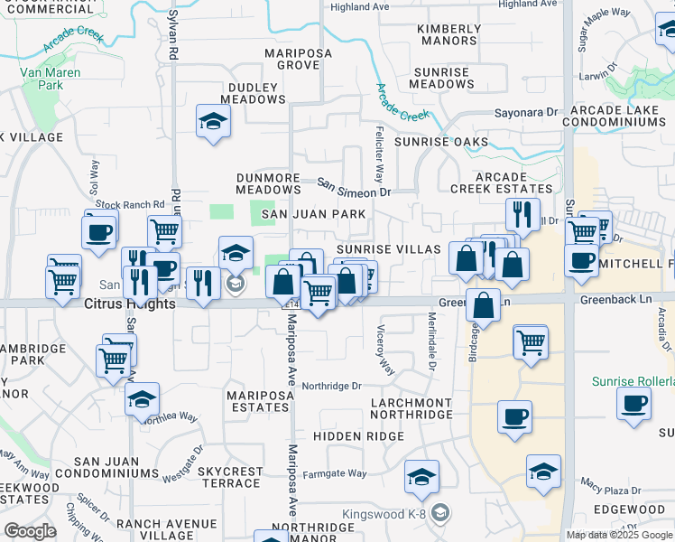 map of restaurants, bars, coffee shops, grocery stores, and more near 6231 Burich Avenue in Citrus Heights