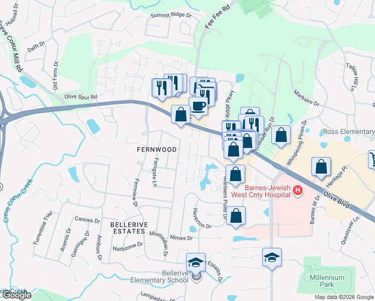 map of restaurants, bars, coffee shops, grocery stores, and more near 1072 Rue La Chelle Walk in Creve Coeur