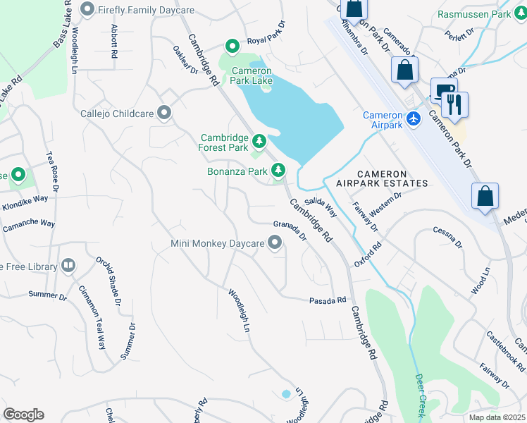 map of restaurants, bars, coffee shops, grocery stores, and more near 3175 Granada Drive in Cameron Park