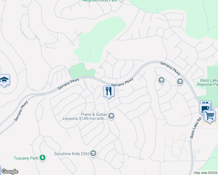 map of restaurants, bars, coffee shops, grocery stores, and more near 3085 Pescara Place in El Dorado Hills