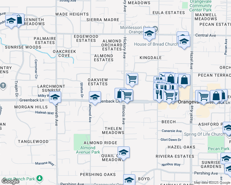 map of restaurants, bars, coffee shops, grocery stores, and more near 8685 Greenback Lane in Orangevale