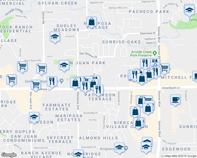 map of restaurants, bars, coffee shops, grocery stores, and more near 7673 Greenback Lane in Citrus Heights