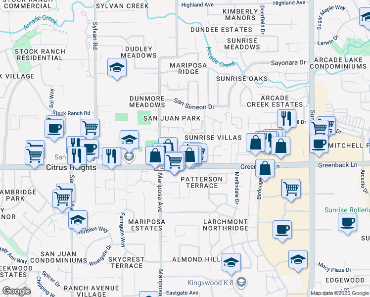 map of restaurants, bars, coffee shops, grocery stores, and more near 6231 Burich Avenue in Citrus Heights