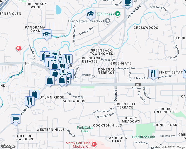 map of restaurants, bars, coffee shops, grocery stores, and more near 6214 Longford Drive in Citrus Heights
