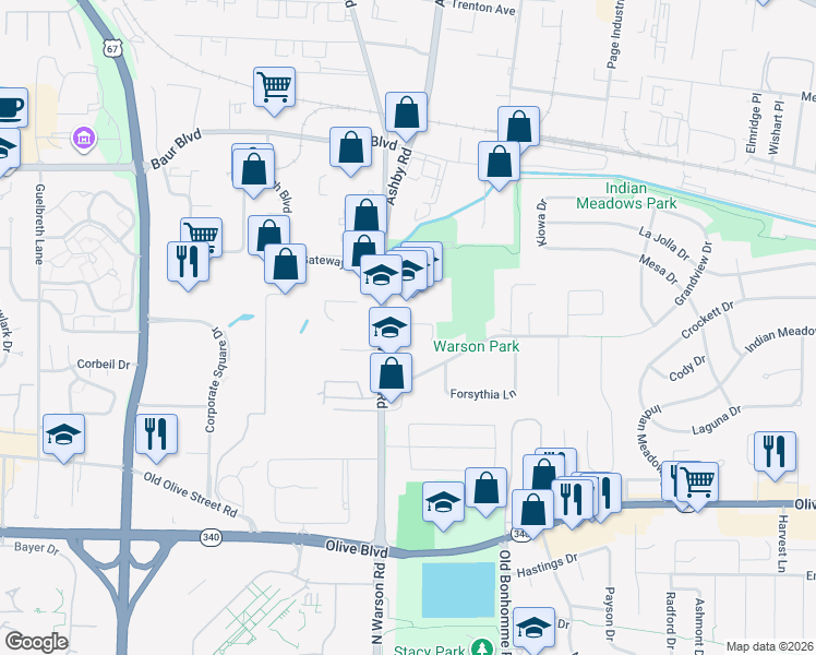 map of restaurants, bars, coffee shops, grocery stores, and more near 9749 Grandview Drive in Olivette