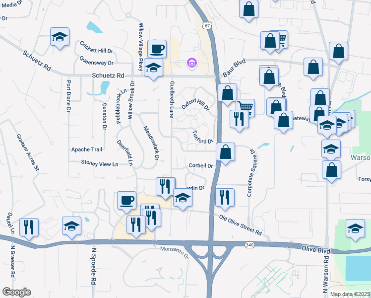 map of restaurants, bars, coffee shops, grocery stores, and more near 10344 Forest Brook Lane in St. Louis