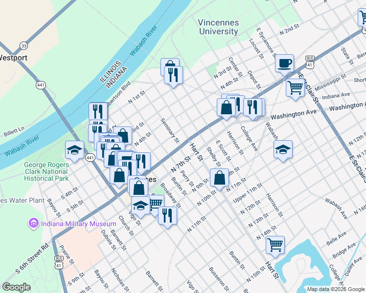 map of restaurants, bars, coffee shops, grocery stores, and more near 621 Seminary St in Vincennes