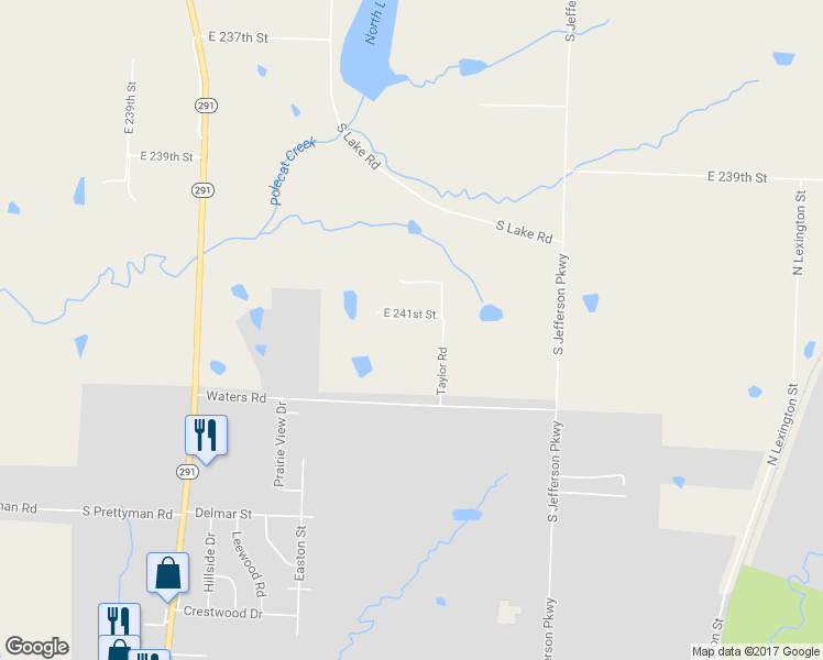 map of restaurants, bars, coffee shops, grocery stores, and more near 20607 East 241st Street in Harrisonville