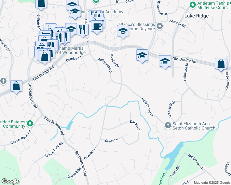 map of restaurants, bars, coffee shops, grocery stores, and more near 12482 Cavalier Drive in Woodbridge