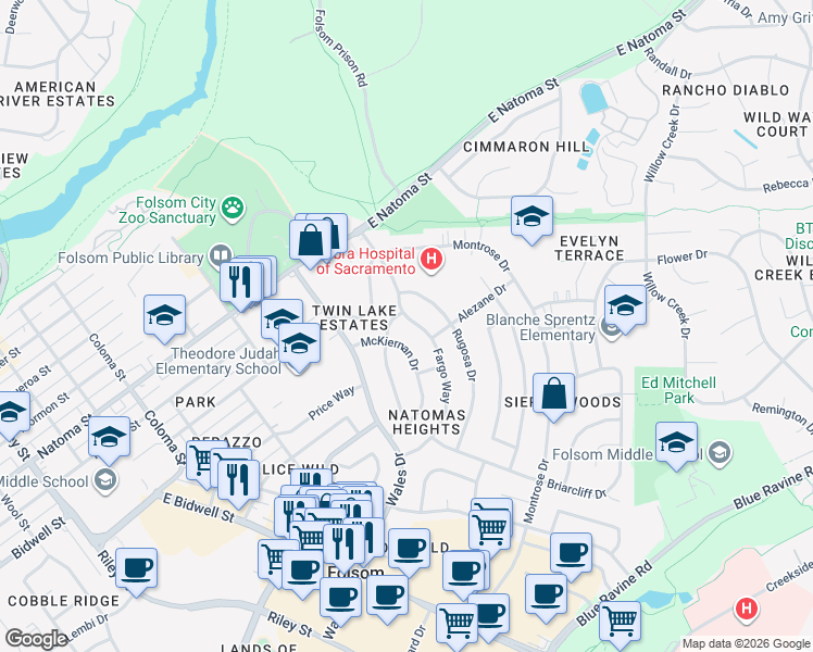 map of restaurants, bars, coffee shops, grocery stores, and more near 135 McKiernan Drive in Folsom