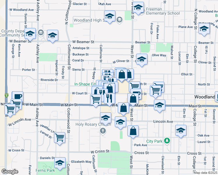map of restaurants, bars, coffee shops, grocery stores, and more near 91 West Court Street in Woodland