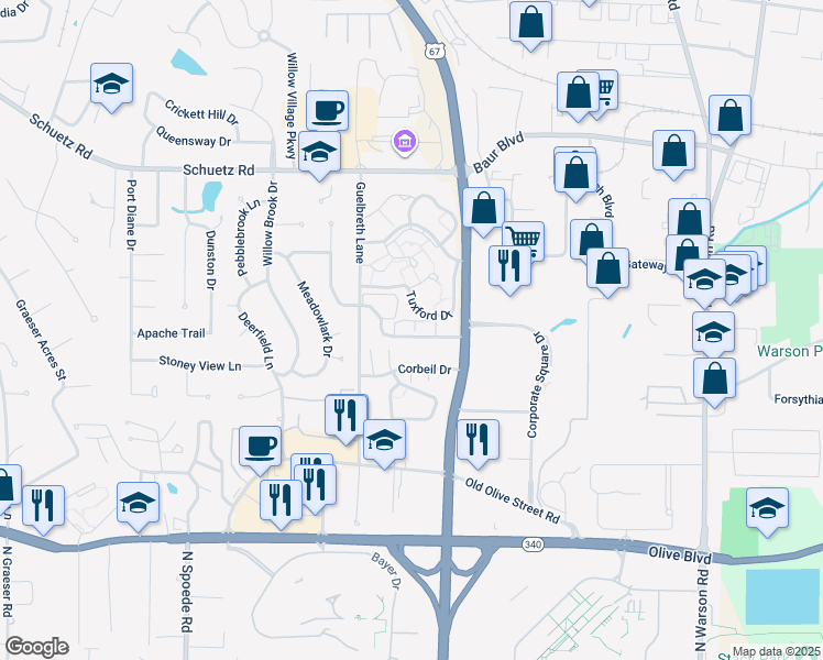 map of restaurants, bars, coffee shops, grocery stores, and more near 10341 Forest Brook Lane in St. Louis
