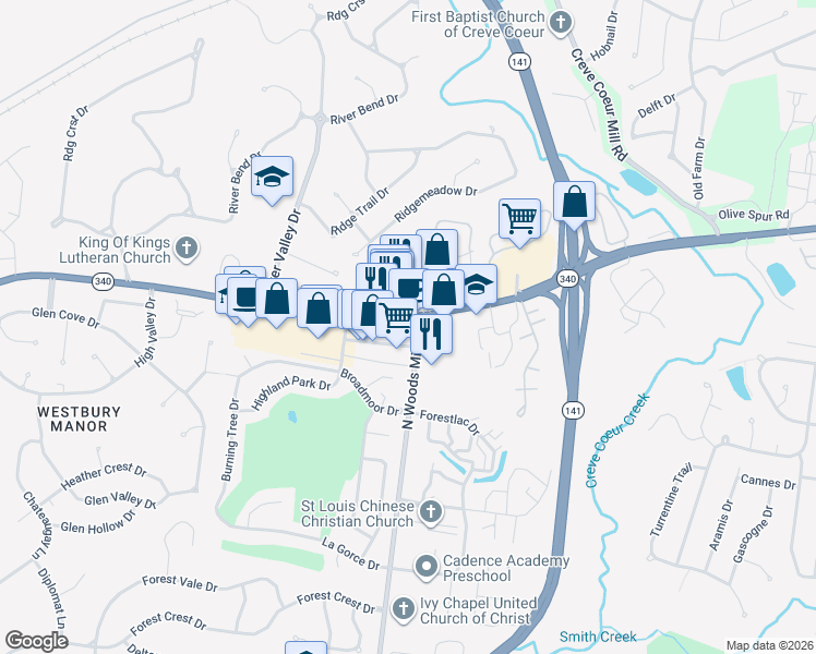 map of restaurants, bars, coffee shops, grocery stores, and more near 13506 Olive Boulevard in Chesterfield