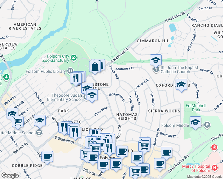 map of restaurants, bars, coffee shops, grocery stores, and more near 144 McKiernan Drive in Folsom