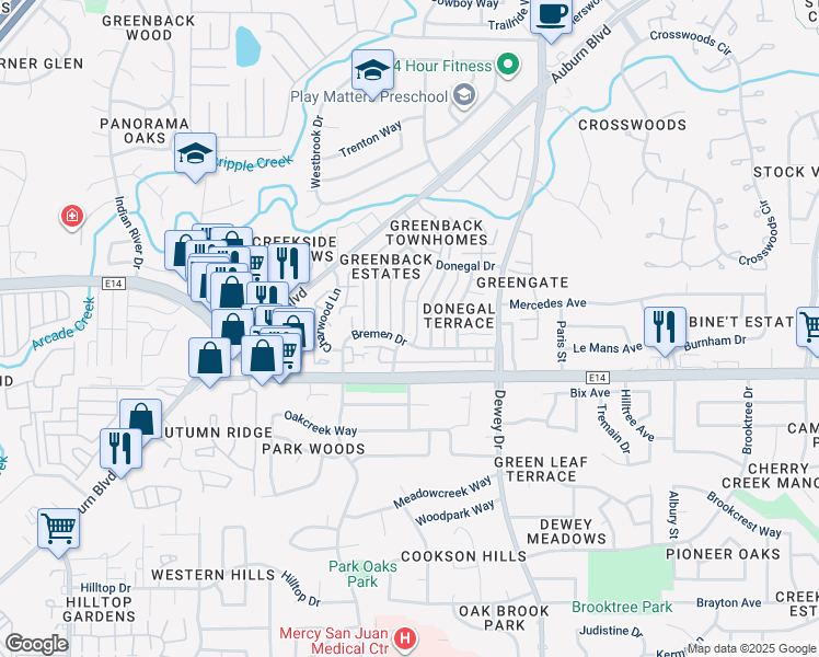 map of restaurants, bars, coffee shops, grocery stores, and more near 6214 Longford Drive in Citrus Heights