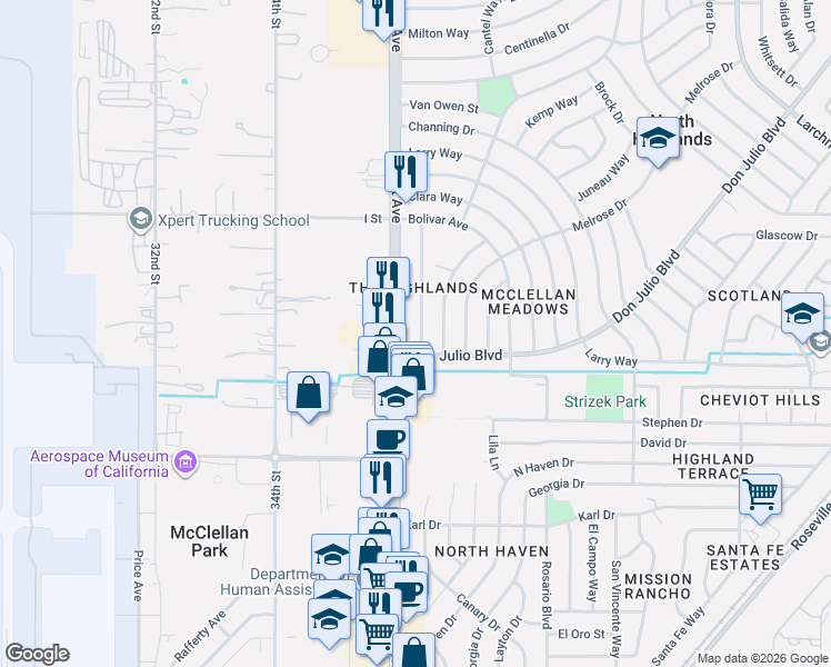 map of restaurants, bars, coffee shops, grocery stores, and more near in North Highlands