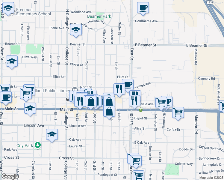 map of restaurants, bars, coffee shops, grocery stores, and more near 929 Court Street in Woodland