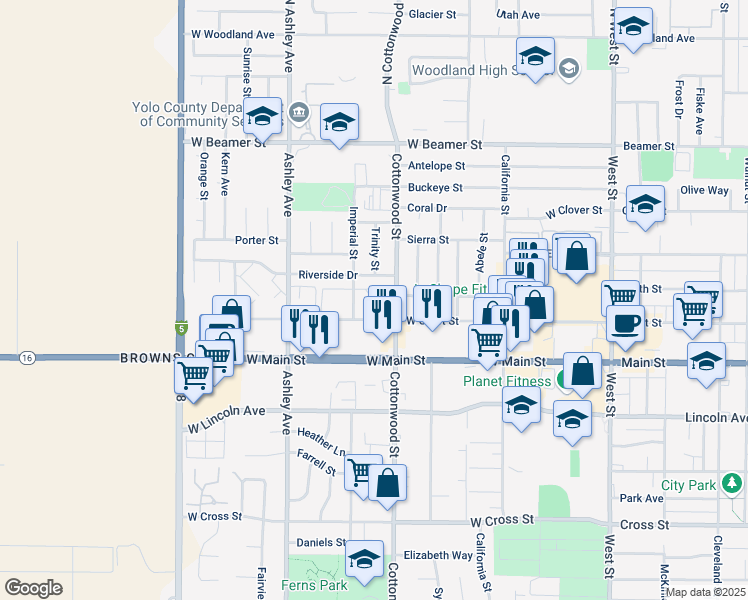 map of restaurants, bars, coffee shops, grocery stores, and more near in Woodland
