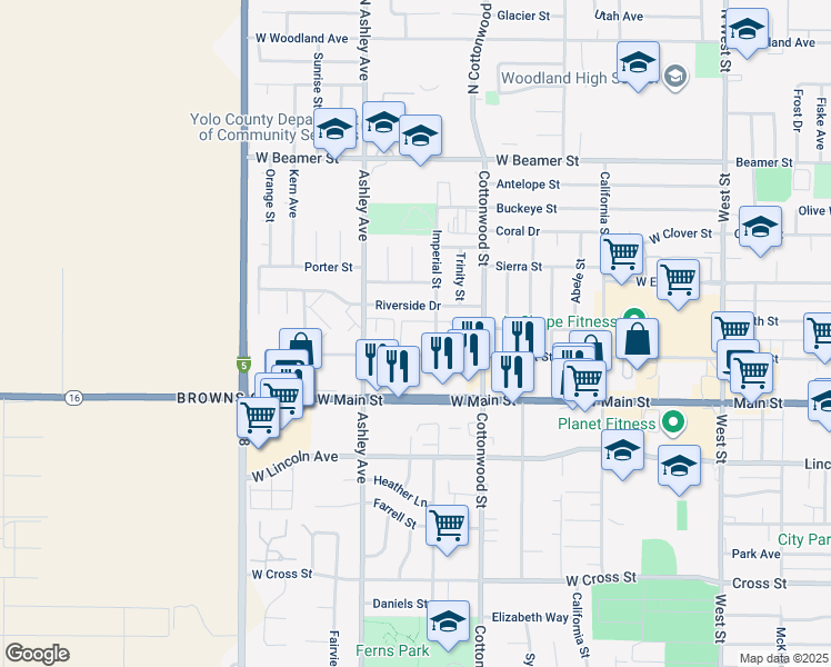 map of restaurants, bars, coffee shops, grocery stores, and more near 255 West Court Street in Woodland