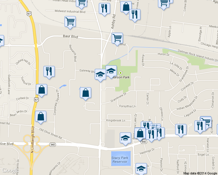 map of restaurants, bars, coffee shops, grocery stores, and more near 9848 Greenery Lane in Olivette