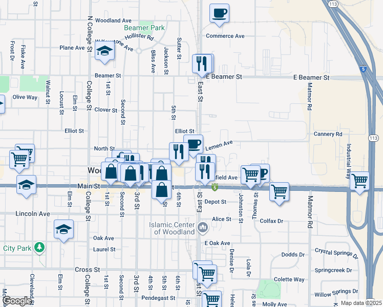 map of restaurants, bars, coffee shops, grocery stores, and more near 215 East Street in Woodland