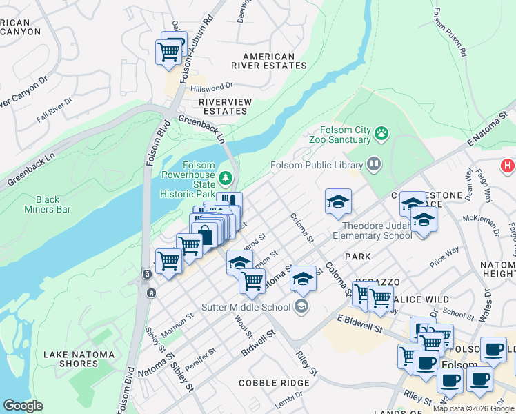 map of restaurants, bars, coffee shops, grocery stores, and more near in Folsom