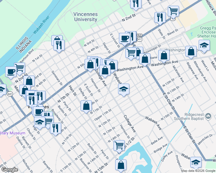 map of restaurants, bars, coffee shops, grocery stores, and more near 1007 N 10th St in Vincennes