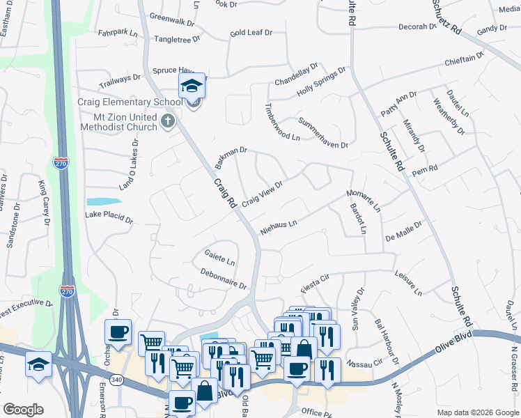map of restaurants, bars, coffee shops, grocery stores, and more near 11816 Craig Manor Drive in St. Louis