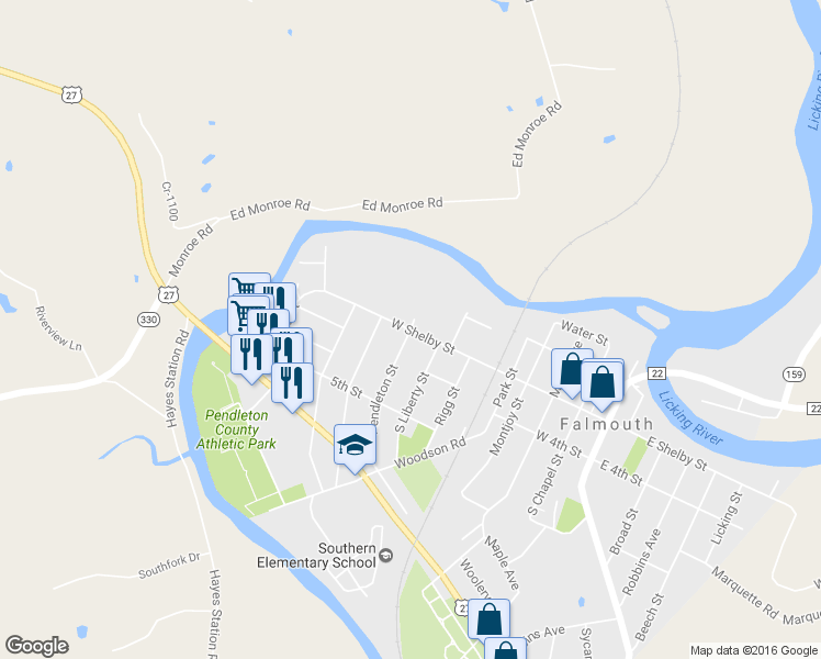 map of restaurants, bars, coffee shops, grocery stores, and more near 901 W Shelby St in Falmouth