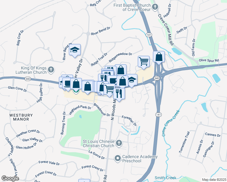 map of restaurants, bars, coffee shops, grocery stores, and more near 13506 Olive Boulevard in Chesterfield