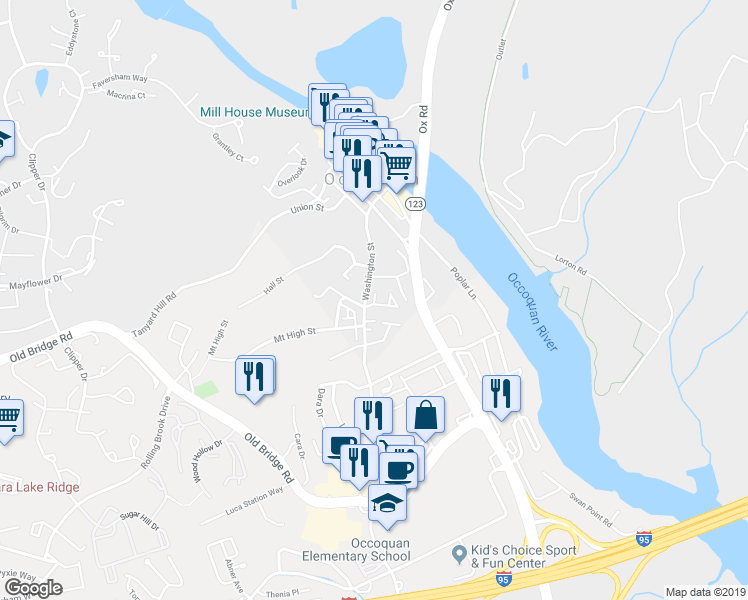 map of restaurants, bars, coffee shops, grocery stores, and more near 101 Vista Knoll Drive in Woodbridge