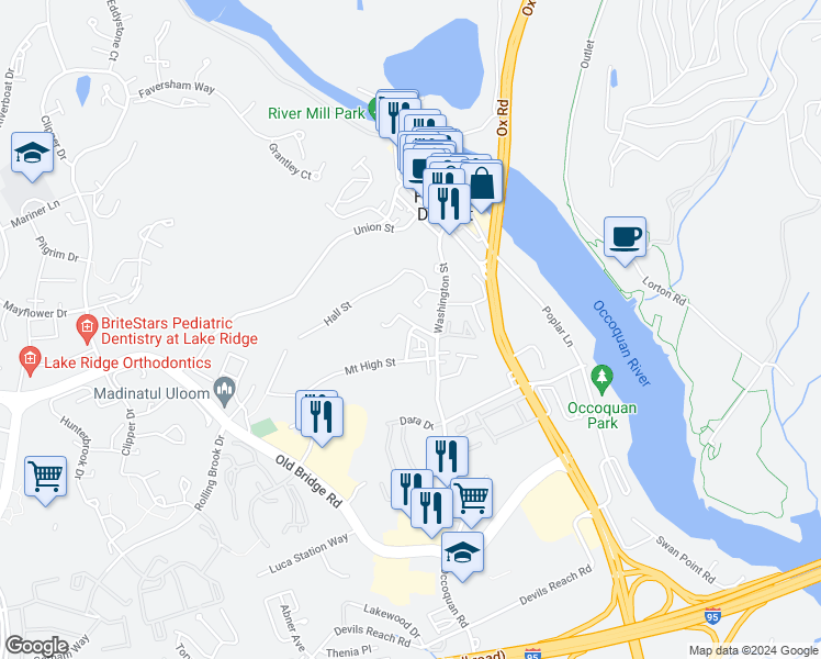 map of restaurants, bars, coffee shops, grocery stores, and more near 107 Edgehill Drive in Woodbridge