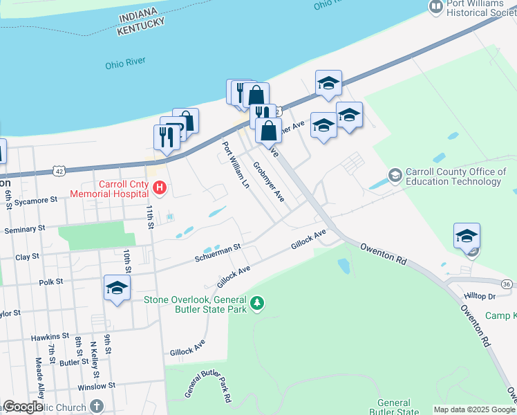 map of restaurants, bars, coffee shops, grocery stores, and more near 328 Port William Lane in Carrollton