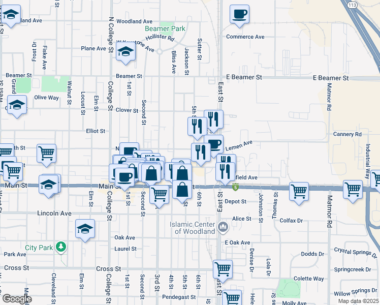 map of restaurants, bars, coffee shops, grocery stores, and more near 938 North Street in Woodland