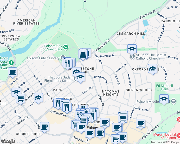 map of restaurants, bars, coffee shops, grocery stores, and more near 101 Dean Way in Folsom