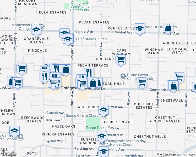 map of restaurants, bars, coffee shops, grocery stores, and more near 6208 Pecan Avenue in Orangevale