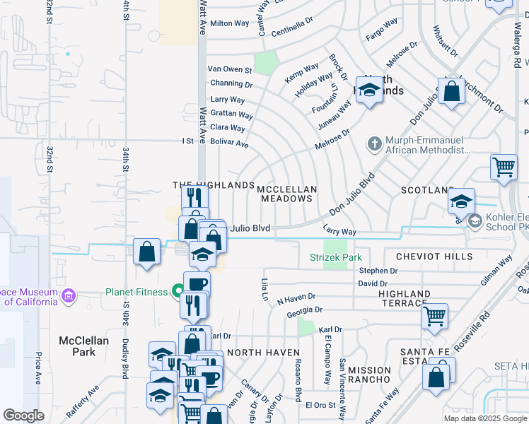 map of restaurants, bars, coffee shops, grocery stores, and more near 3729 Don Julio Boulevard in North Highlands