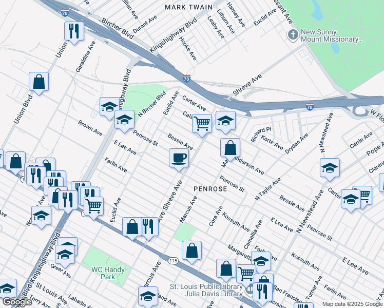 map of restaurants, bars, coffee shops, grocery stores, and more near 4200 Shreve Avenue in St. Louis