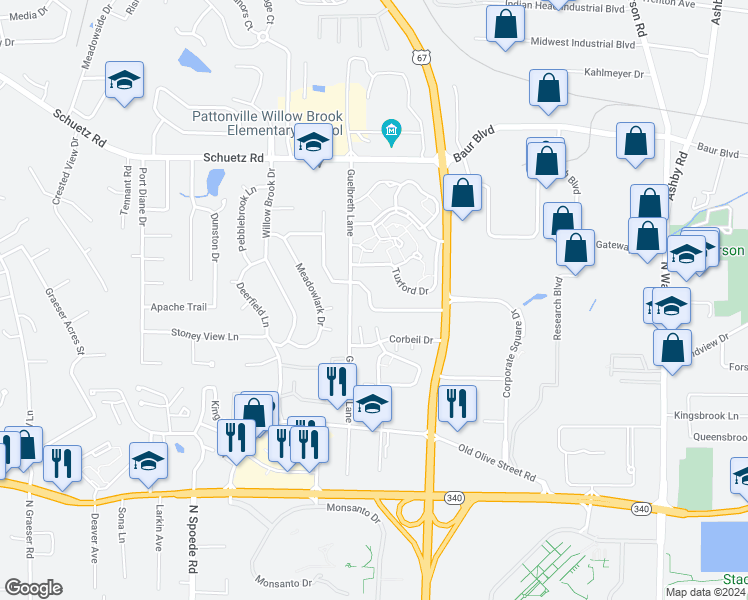 map of restaurants, bars, coffee shops, grocery stores, and more near 10344 Forest Brook Lane in St. Louis