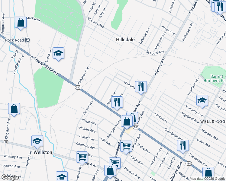 map of restaurants, bars, coffee shops, grocery stores, and more near 1531 Valle Avenue in St. Louis