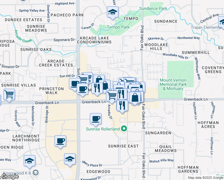 map of restaurants, bars, coffee shops, grocery stores, and more near 8013 Arcadia Drive in Citrus Heights