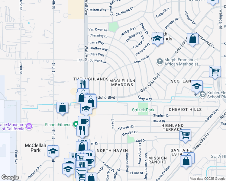 map of restaurants, bars, coffee shops, grocery stores, and more near 3729 Don Julio Boulevard in North Highlands