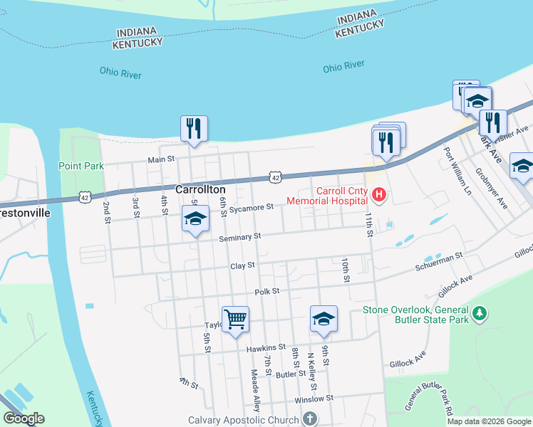 map of restaurants, bars, coffee shops, grocery stores, and more near 311 7th Street in Carrollton