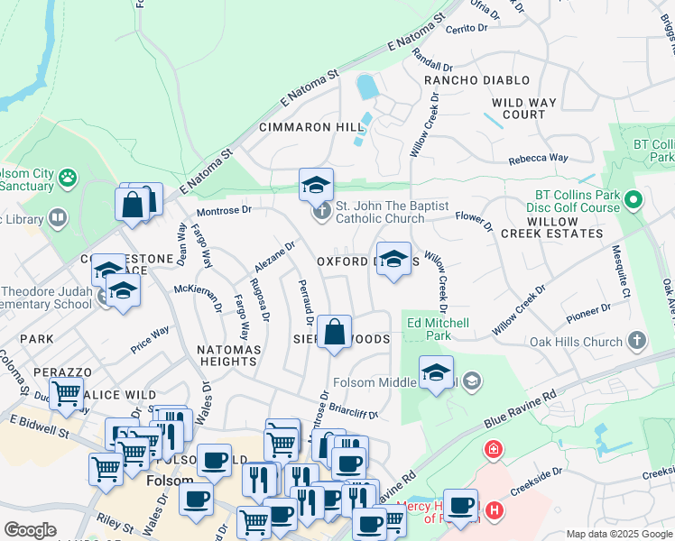 map of restaurants, bars, coffee shops, grocery stores, and more near 287 Lisawood Drive in Folsom