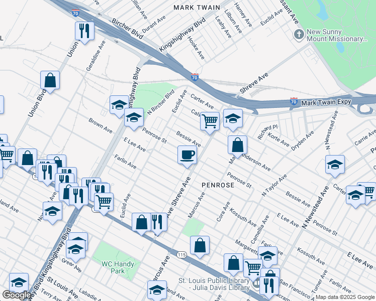 map of restaurants, bars, coffee shops, grocery stores, and more near 4829 Penrose Street in St. Louis