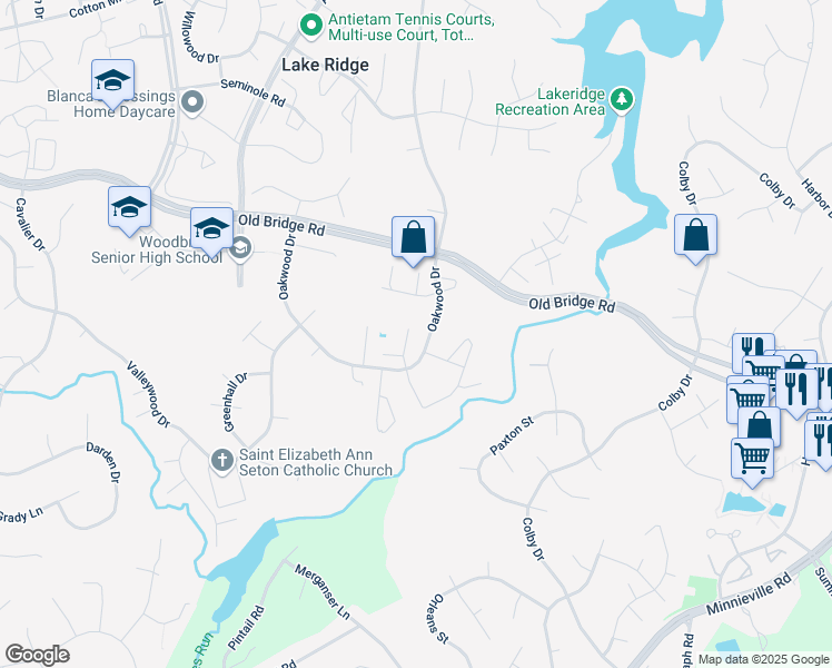 map of restaurants, bars, coffee shops, grocery stores, and more near 12613 Dulcinea Place in Woodbridge