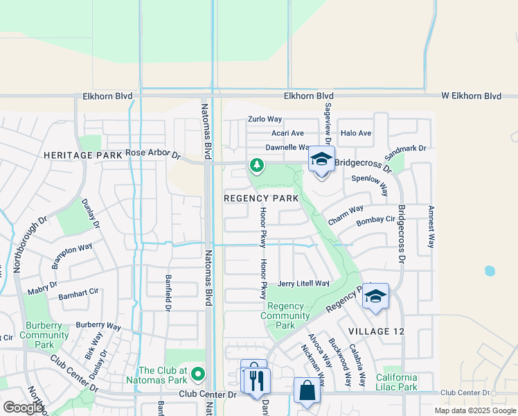map of restaurants, bars, coffee shops, grocery stores, and more near 5751 Honor Parkway in Sacramento